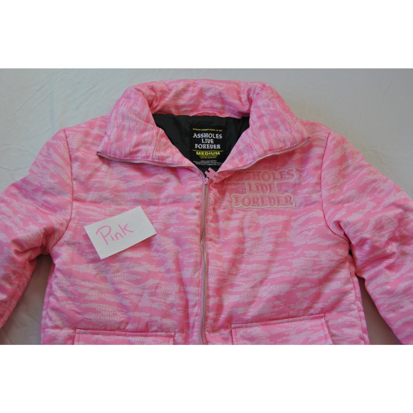 A**holes Live Forever Pink Medium Winter Full Zip Up Jacket