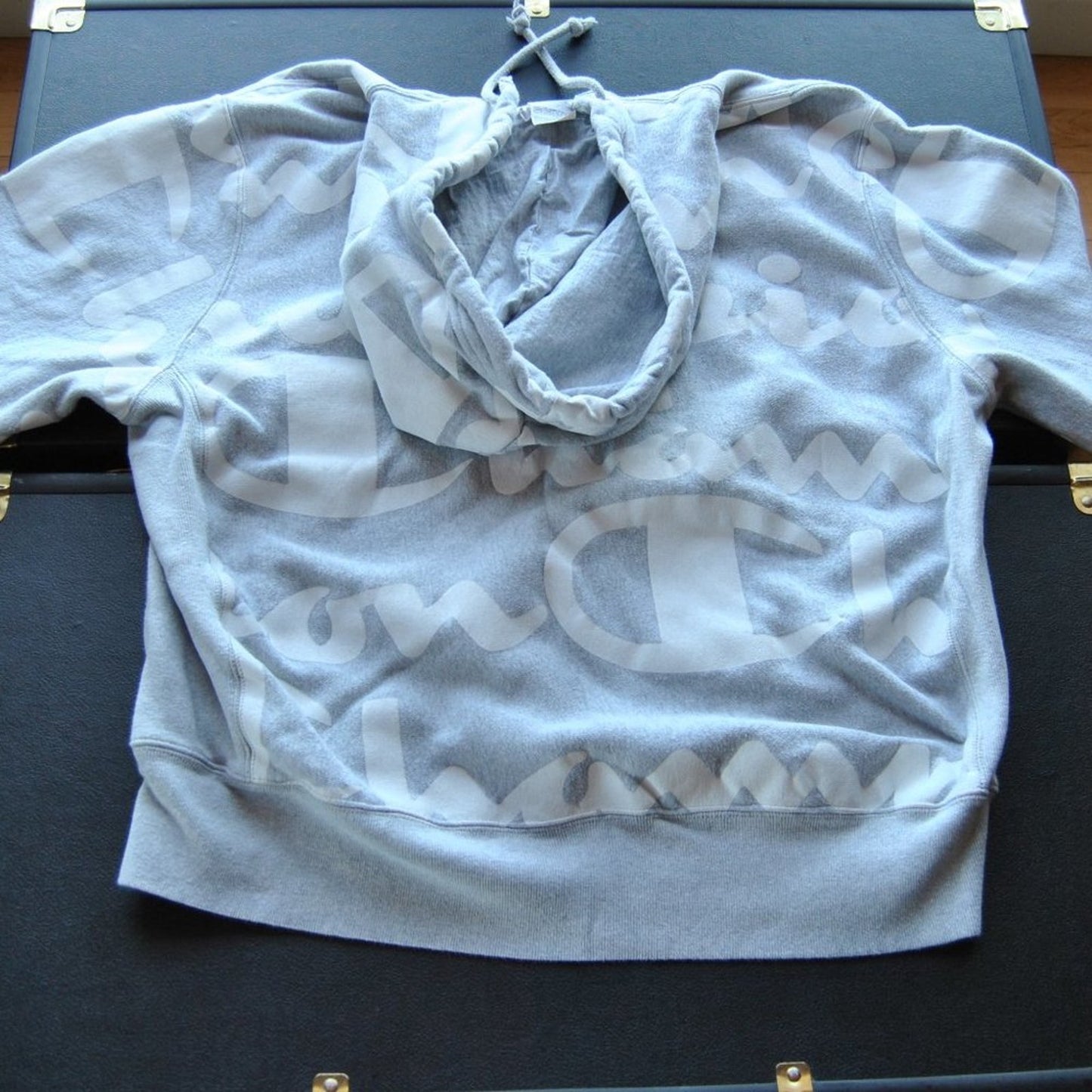 Champion Reverse Weave Large Gray w/ White All-Over Logo Hoodie