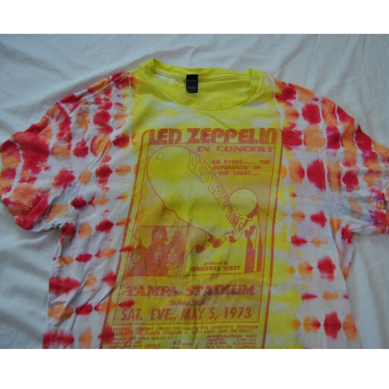 Led  Zeppelin Tie Dye Yellow Red & Orange Short Sleeve Shirt Medium