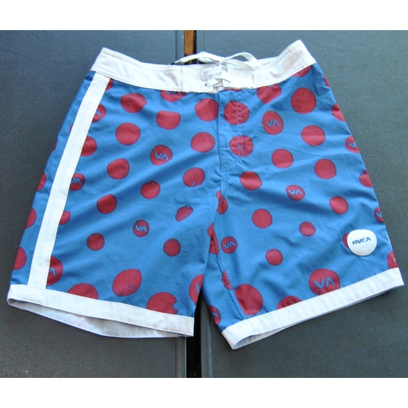 RVCA Shorts 29" Blue with Red Dots Board Shorts w/ Back Pocket