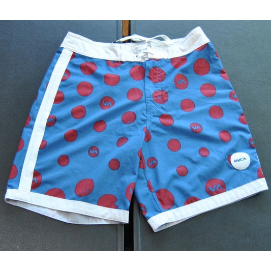 RVCA Shorts 29" Blue with Red Dots Board Shorts w/ Back Pocket