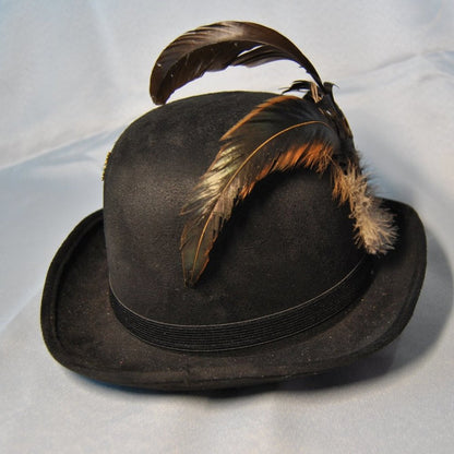 Black Steampunk Bowler Hat w/ Attached Googles & Feathers