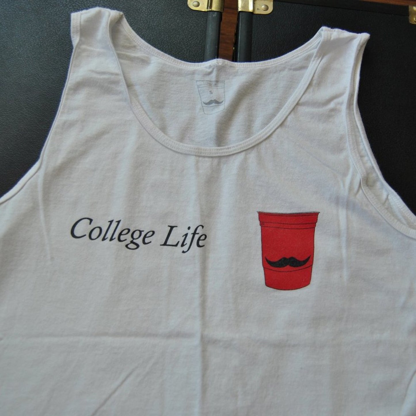 College Life Red Solo Cup w/ Mustache Small White Tank Top