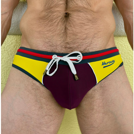 Marcuse Yellow & Maroon w/ Gray & Red Accents Swim Brief Size: Medium