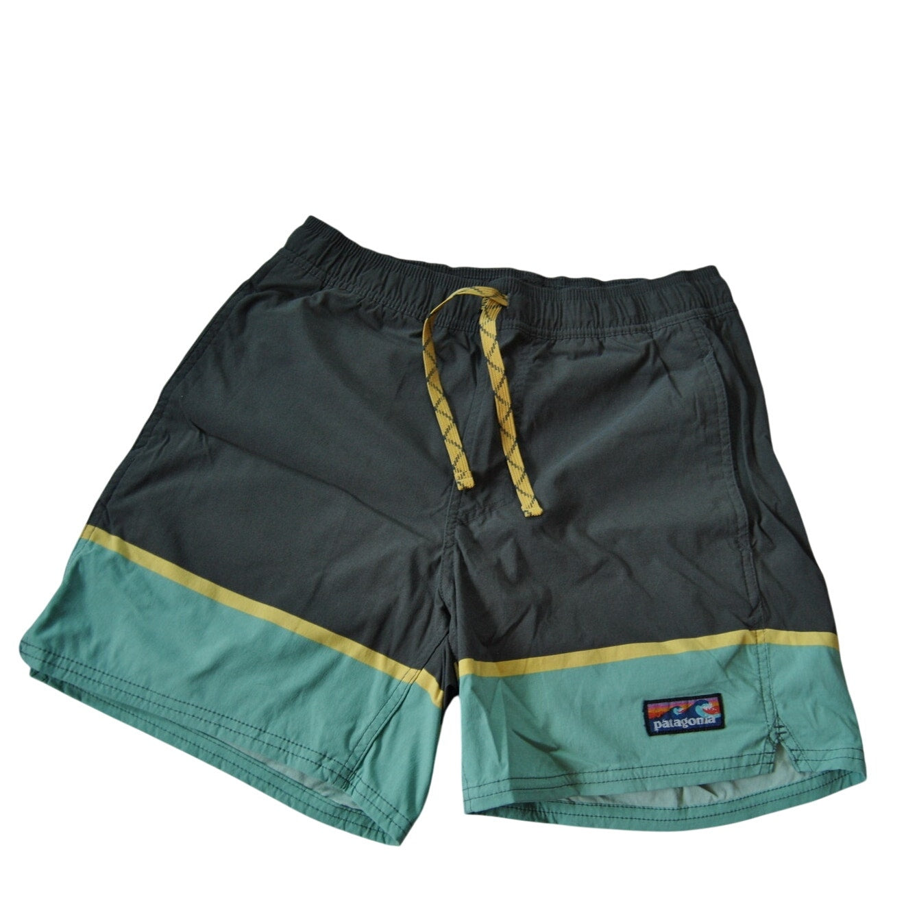 Patagonia Wavefarer Volley Gray Teal & Yellow 5" Shorts Small
