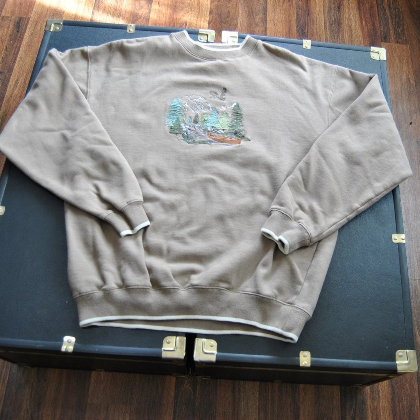 Tan Embroidered Nature Scene Large Crewneck Sweater