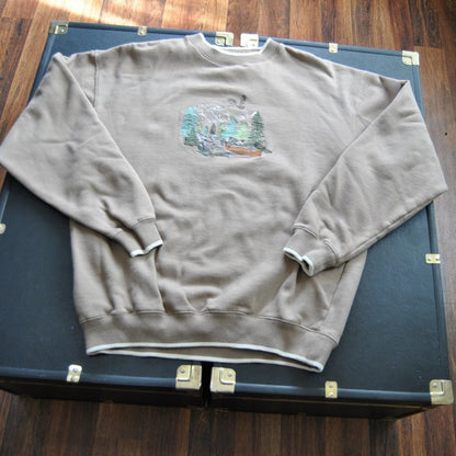 Tan Embroidered Nature Scene Large Crewneck Sweater