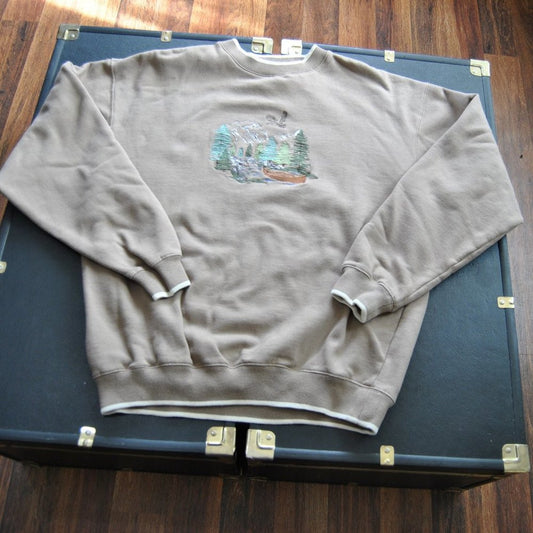 Tan Embroidered Nature Scene Large Crewneck Sweater