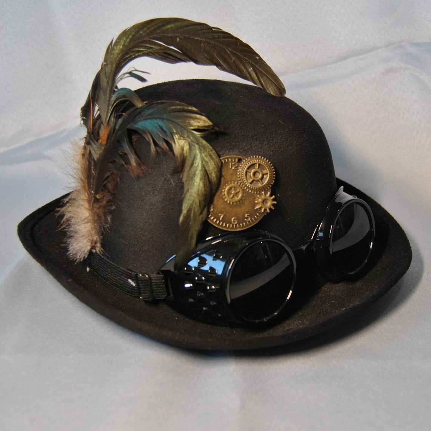 Black Steampunk Bowler Hat w/ Attached Googles & Feathers
