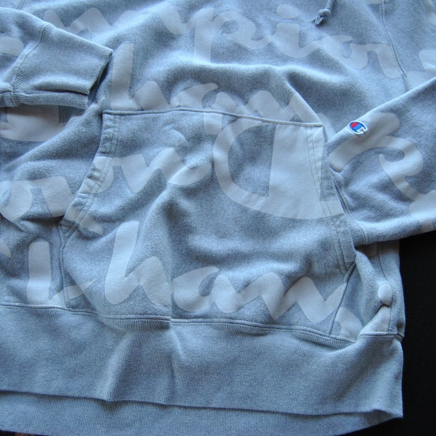 Champion Reverse Weave Large Gray w/ White All-Over Logo Hoodie