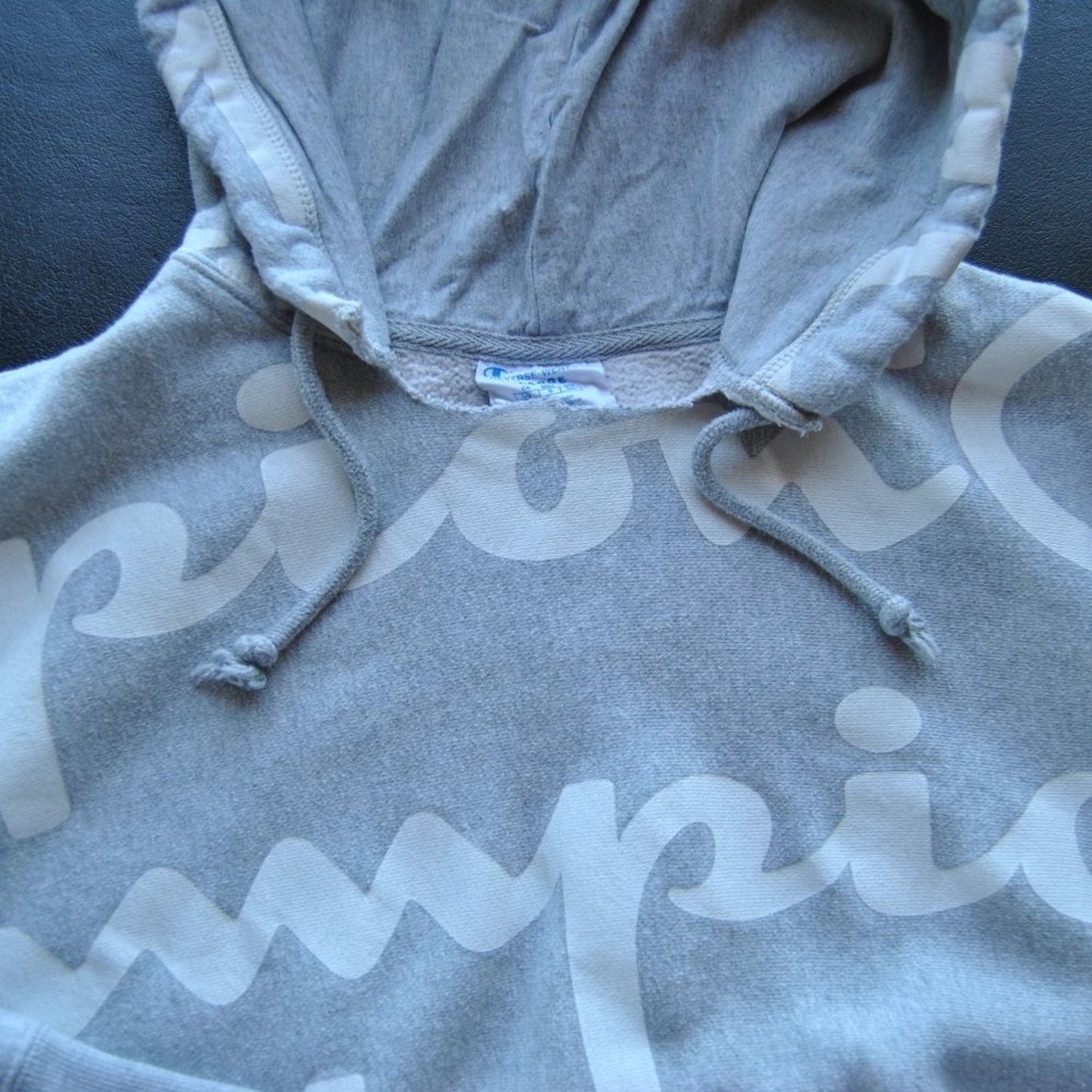 Champion Reverse Weave Large Gray w/ White All-Over Logo Hoodie