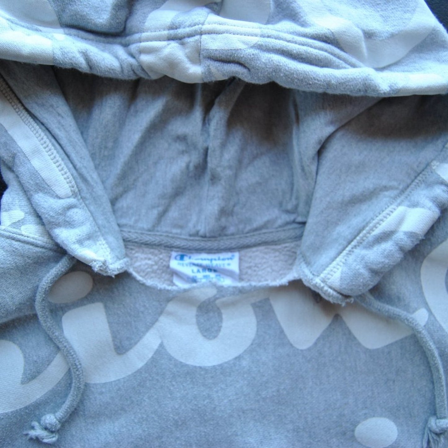 Champion Reverse Weave Large Gray w/ White All-Over Logo Hoodie