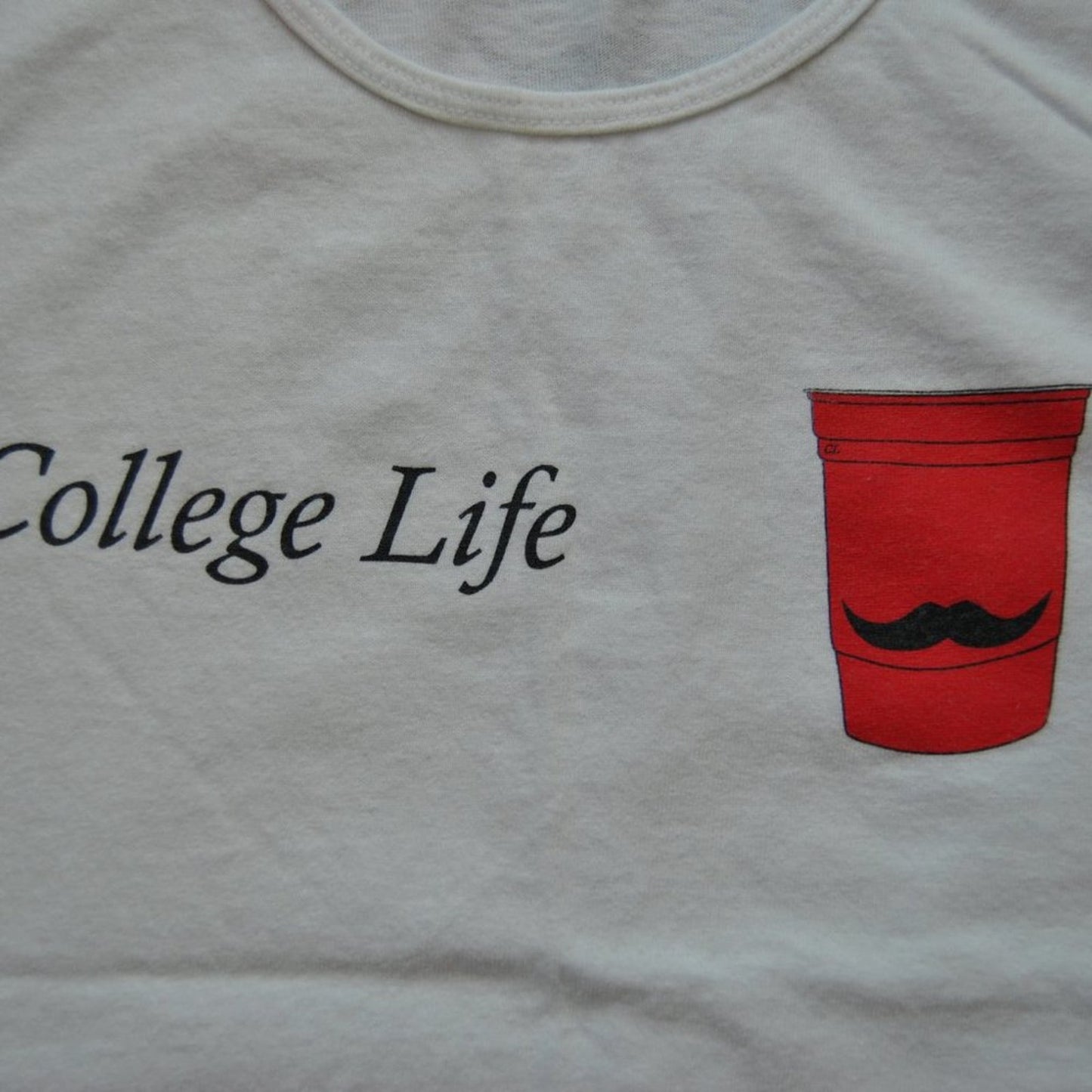 College Life Red Solo Cup w/ Mustache Small White Tank Top