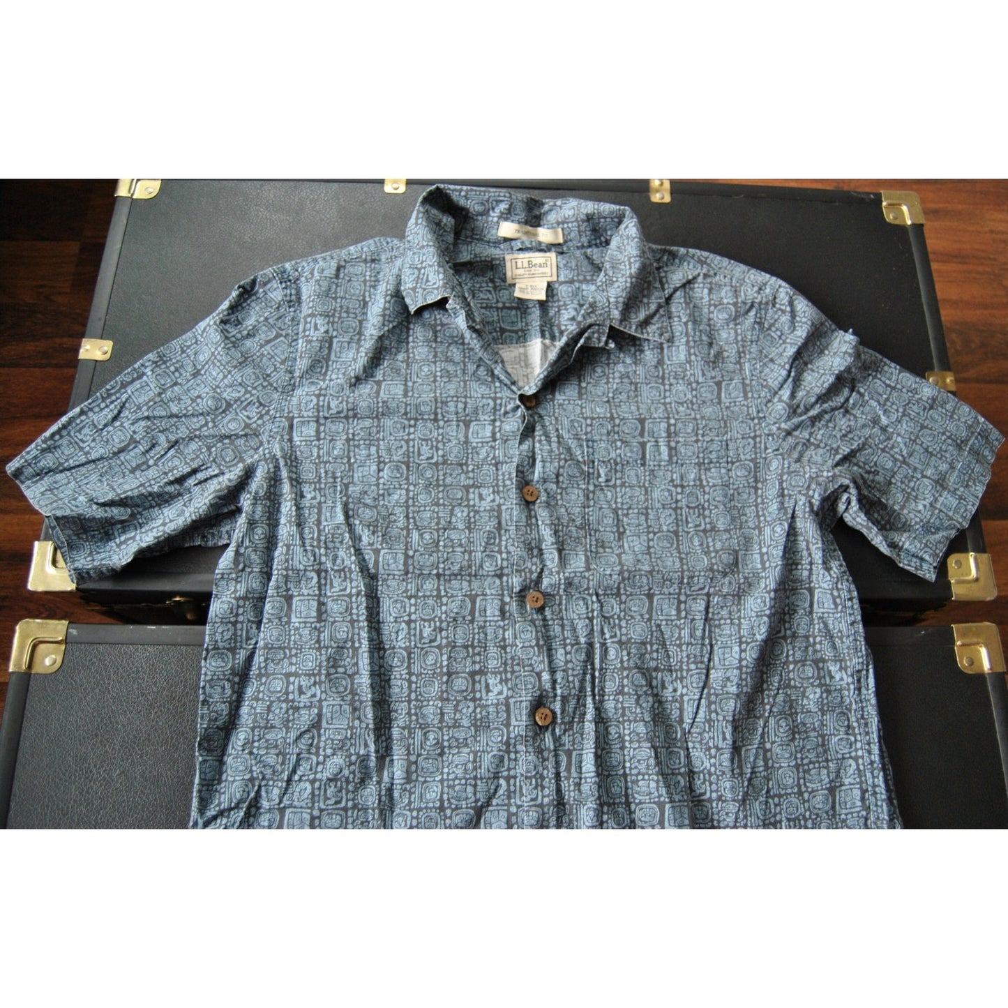 LL Bean Small Blue Short Sleeve Button Up Hawaiian Shirt