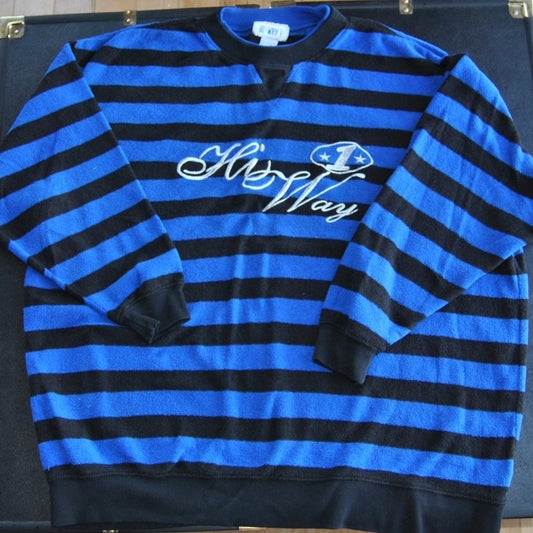 California Hi-Way 1 Black & Blue Striped Large Vintage Crewneck Sweater