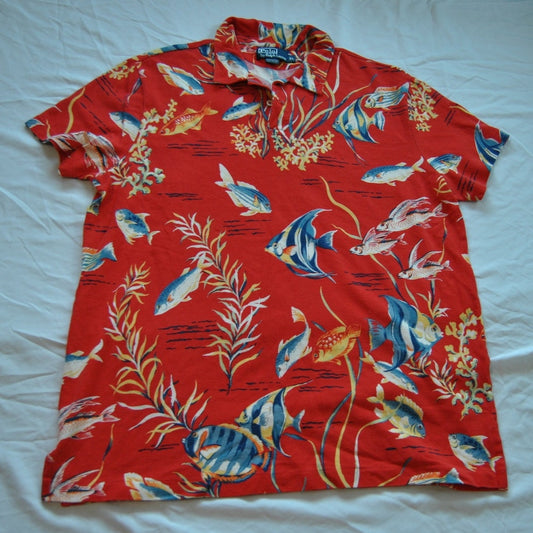 Vintage Ralph Lauren XL Polo Shirt Orange/Red Hawaiian Tropical Fish Coral Reef
