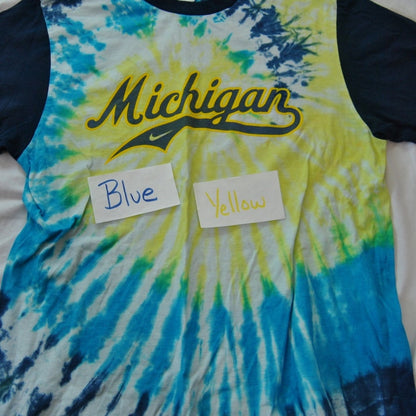 University of Michigan Vintage Nike Tie-Dye 3/4 Sleeve White Blue Yellow Medium