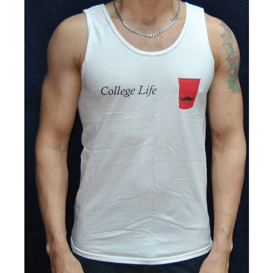 College Life Red Solo Cup w/ Mustache Small White Tank Top