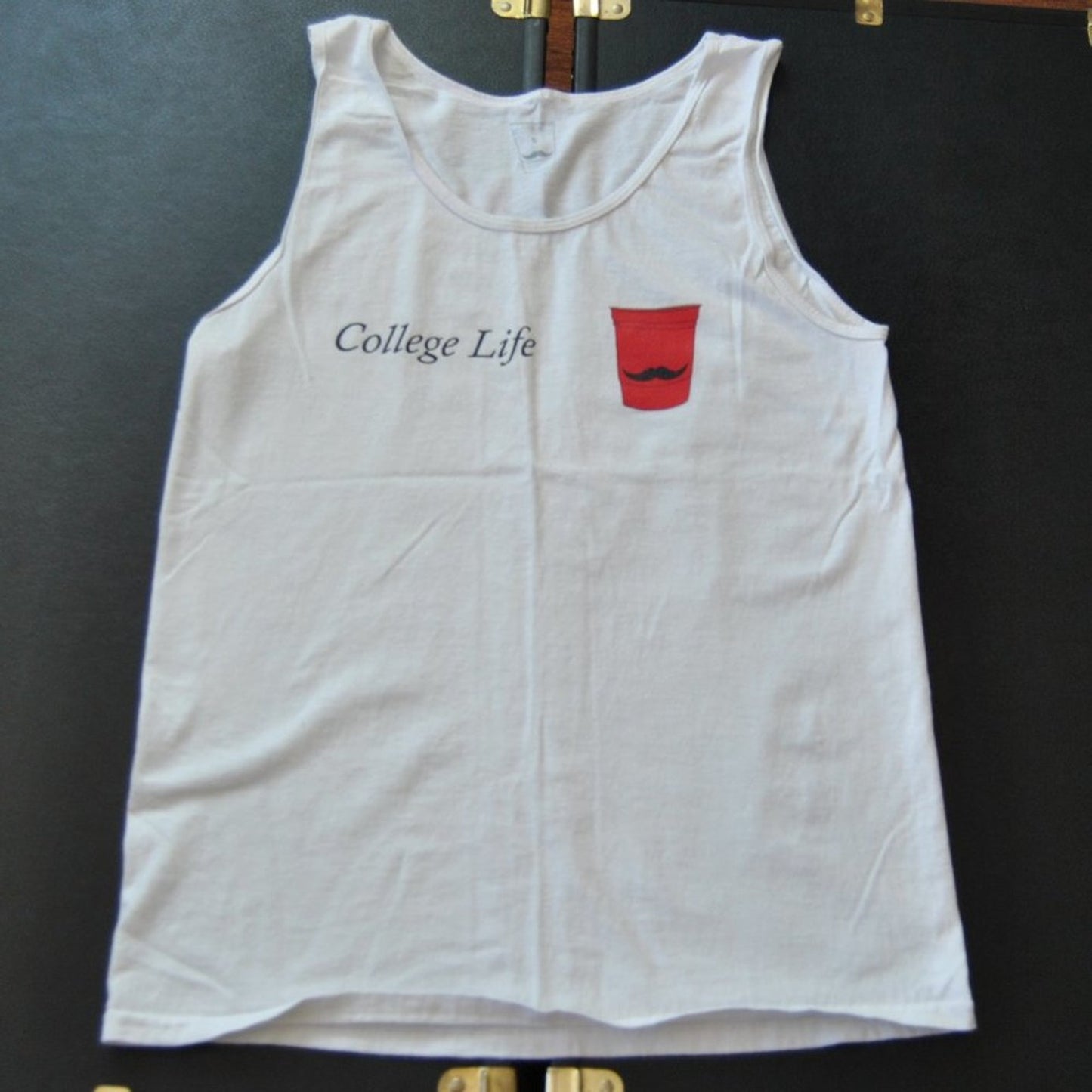 College Life Red Solo Cup w/ Mustache Small White Tank Top