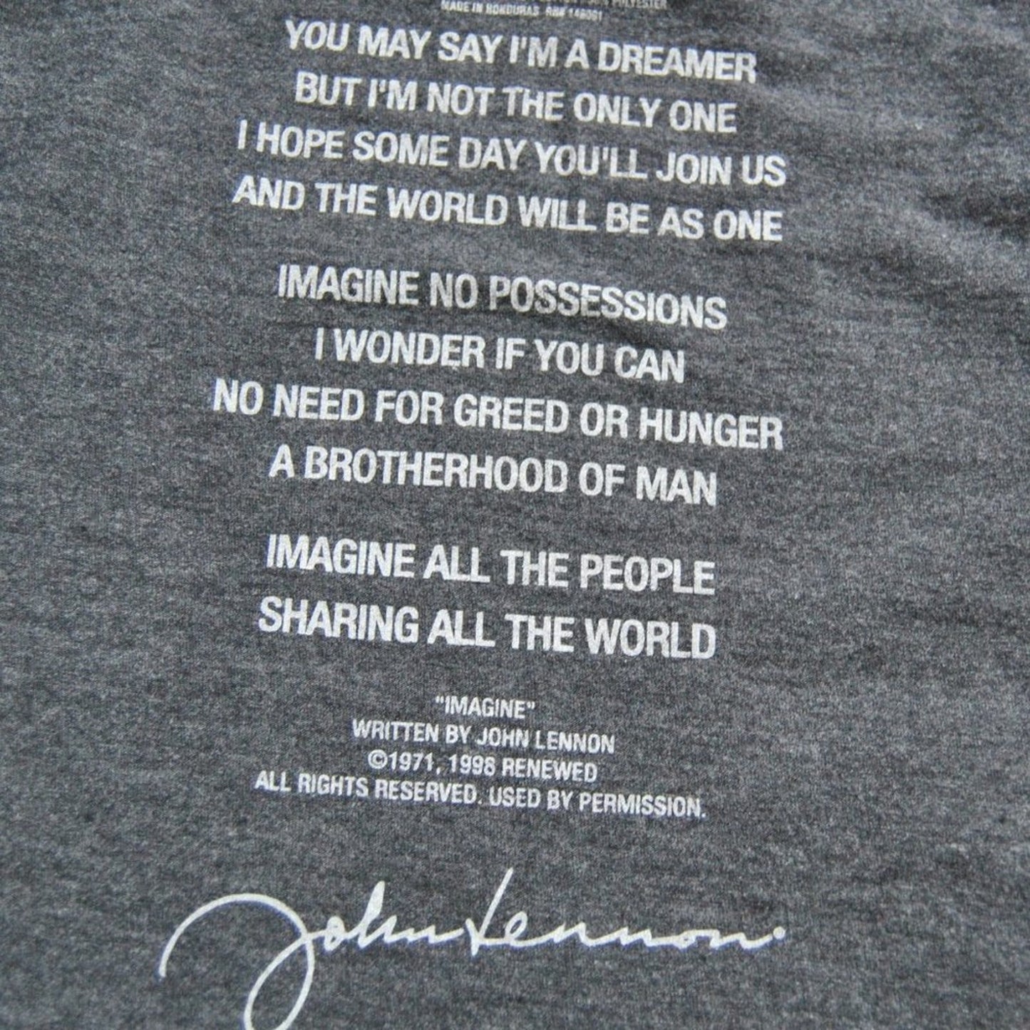 Hard Rock Café  Lyric Culture John Lennon Imagine Medium Gray Short Sleeve Shirt