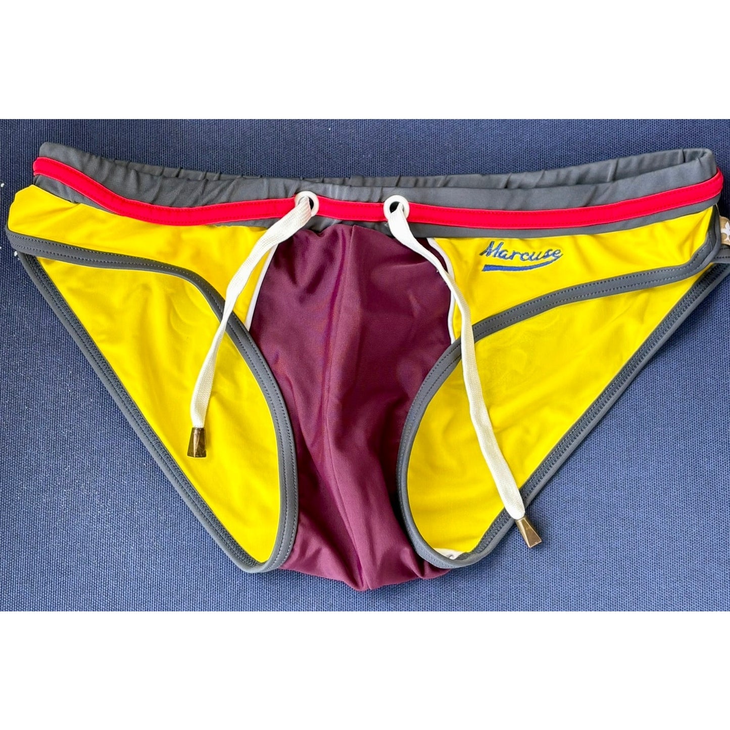 Marcuse Yellow & Maroon w/ Gray & Red Accents Swim Brief Size: Medium