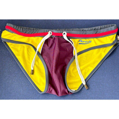 Marcuse Yellow & Maroon w/ Gray & Red Accents Swim Brief Size: Medium
