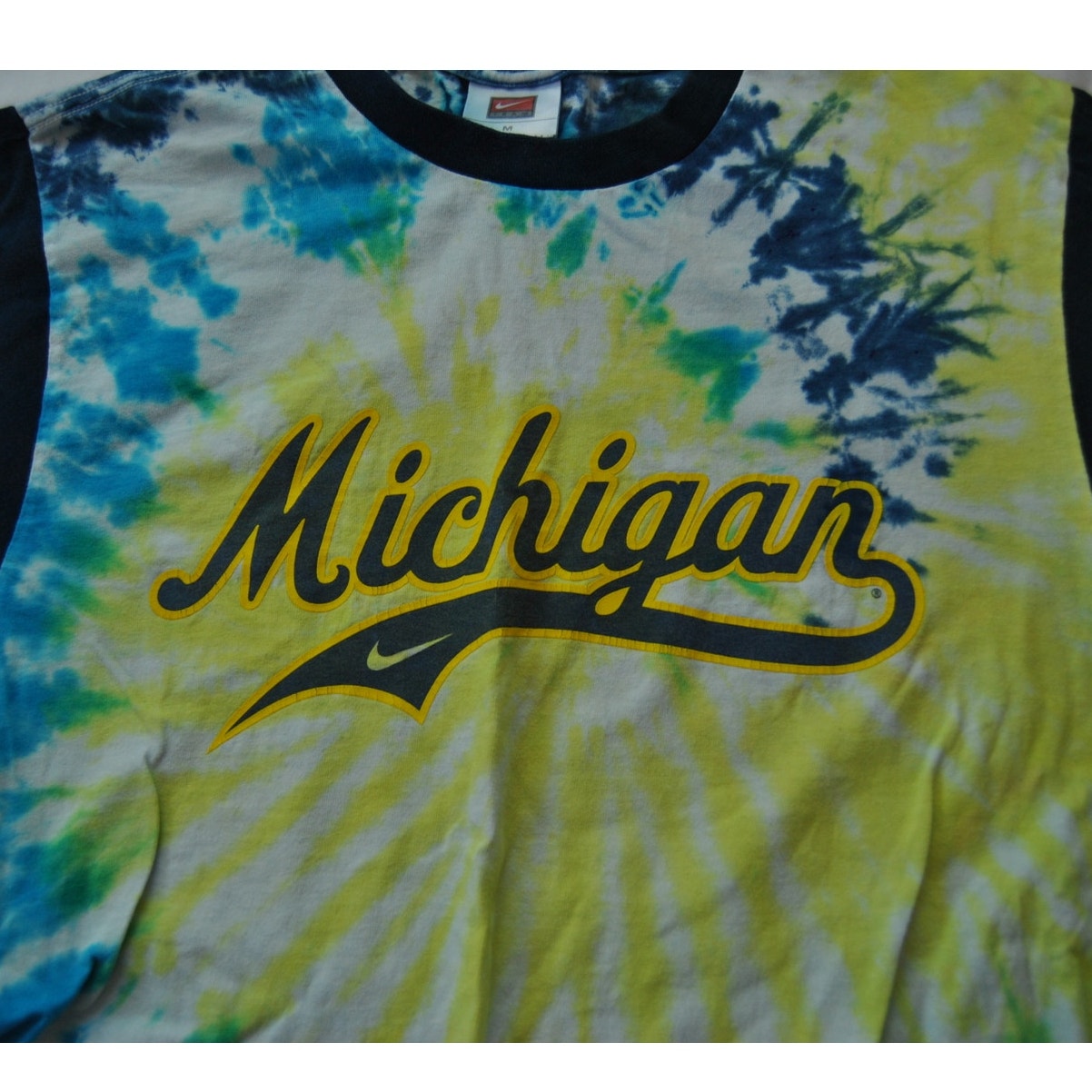 University of Michigan Vintage Nike Tie-Dye 3/4 Sleeve White Blue Yellow Medium