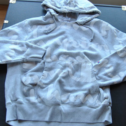 Champion Reverse Weave Large Gray w/ White All-Over Logo Hoodie