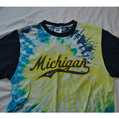 University of Michigan Vintage Nike Tie-Dye 3/4 Sleeve White Blue Yellow Medium
