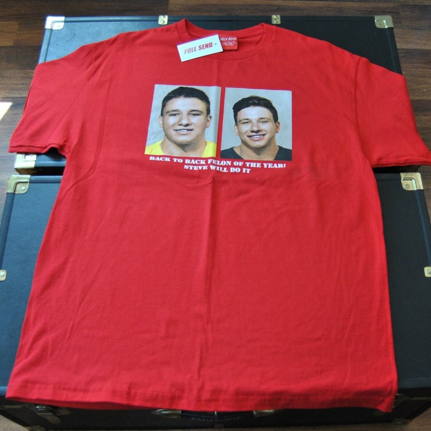 Nelk Boys Full Send "Steve will do it" X-Large Red Short Sleeve Shirt