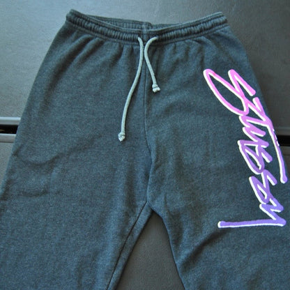 Stussy X-Small Gray & Purple Script Jogger Sweatpants w/ Drawstring