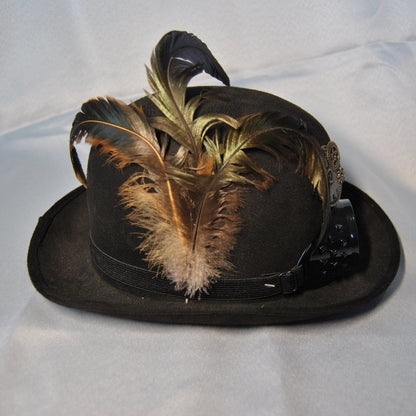 Black Steampunk Bowler Hat w/ Attached Googles & Feathers