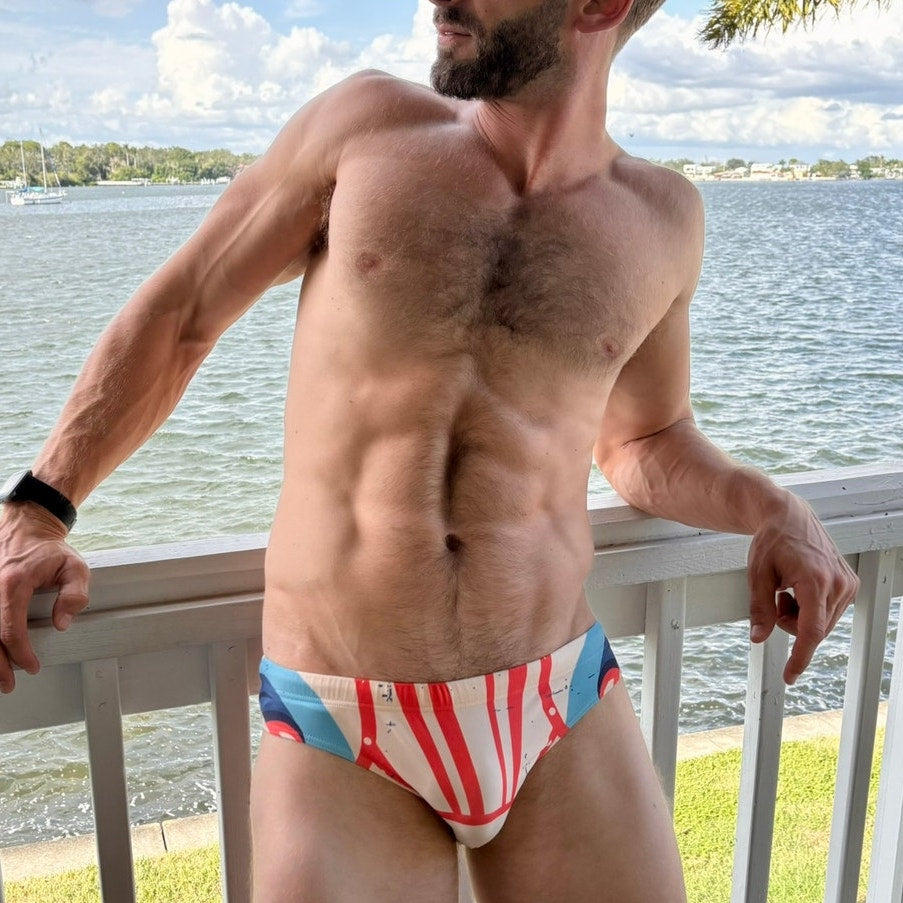 Marcuse Tan w/ Blue & Red Accent Swim Brief Size: Medium