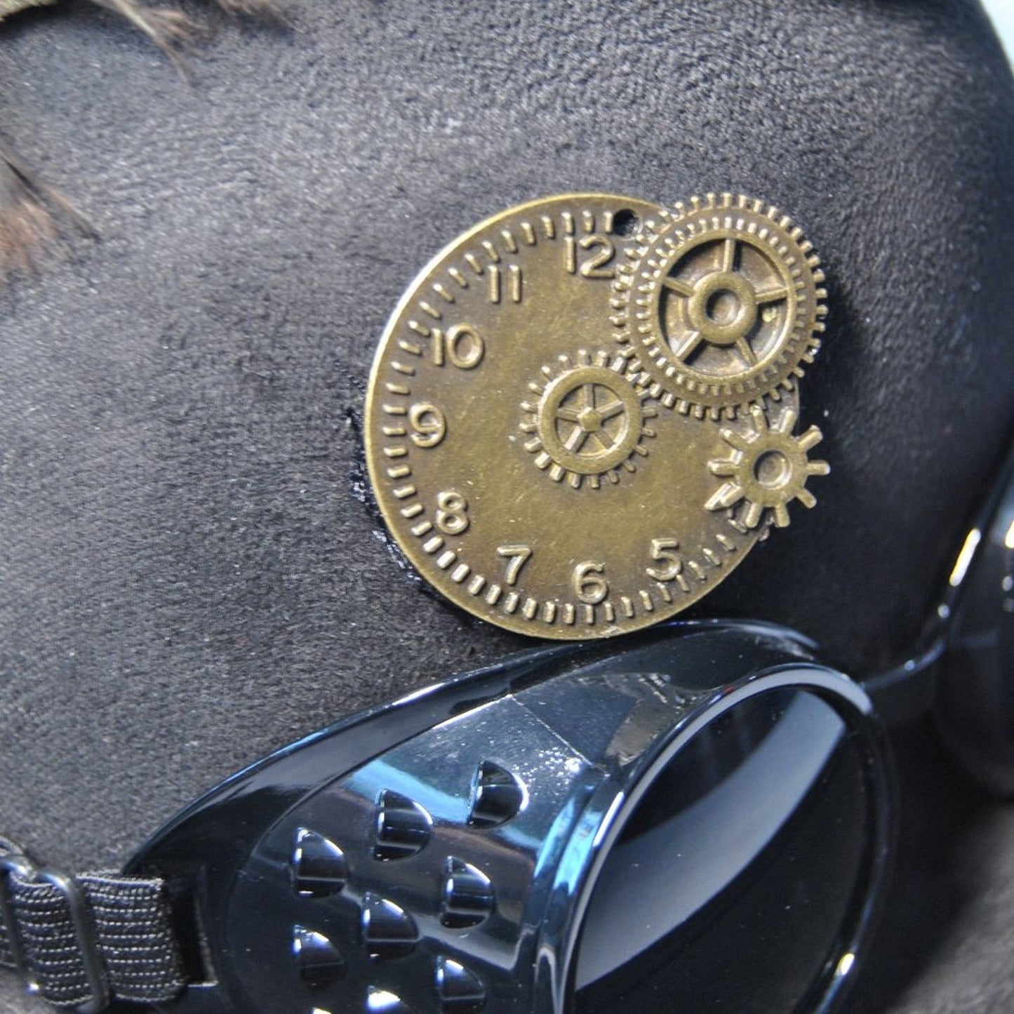 Black Steampunk Bowler Hat w/ Attached Googles & Feathers