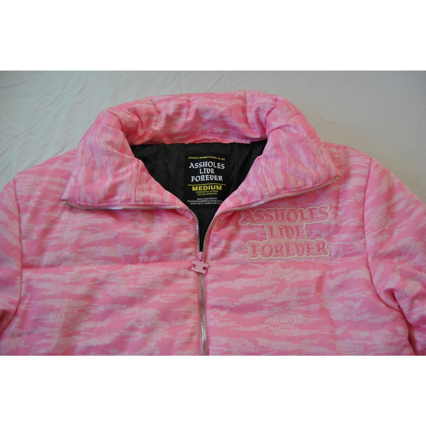 A**holes Live Forever Pink Medium Winter Full Zip Up Jacket
