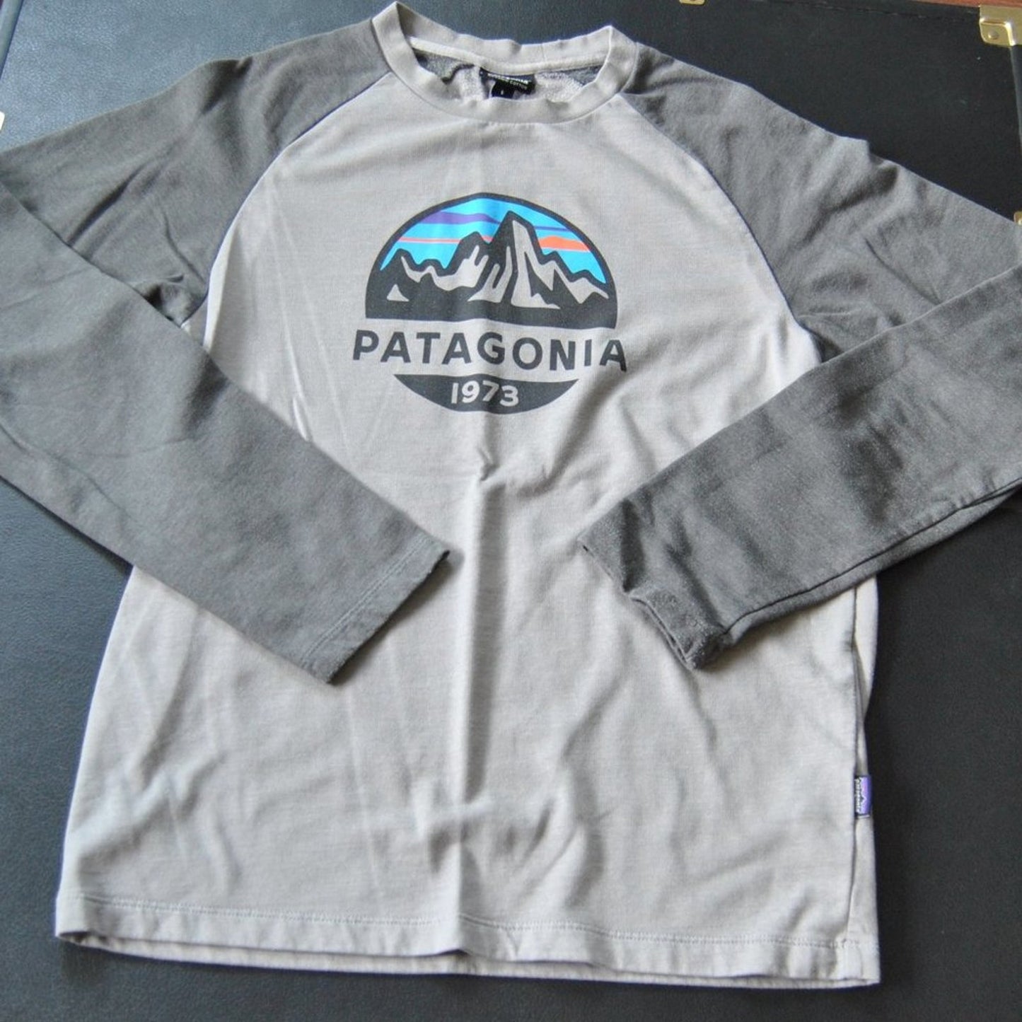 Patagonia Mountain Logo Small Gray Long Sleeve Shirt 1973 Fitz Roy Scope