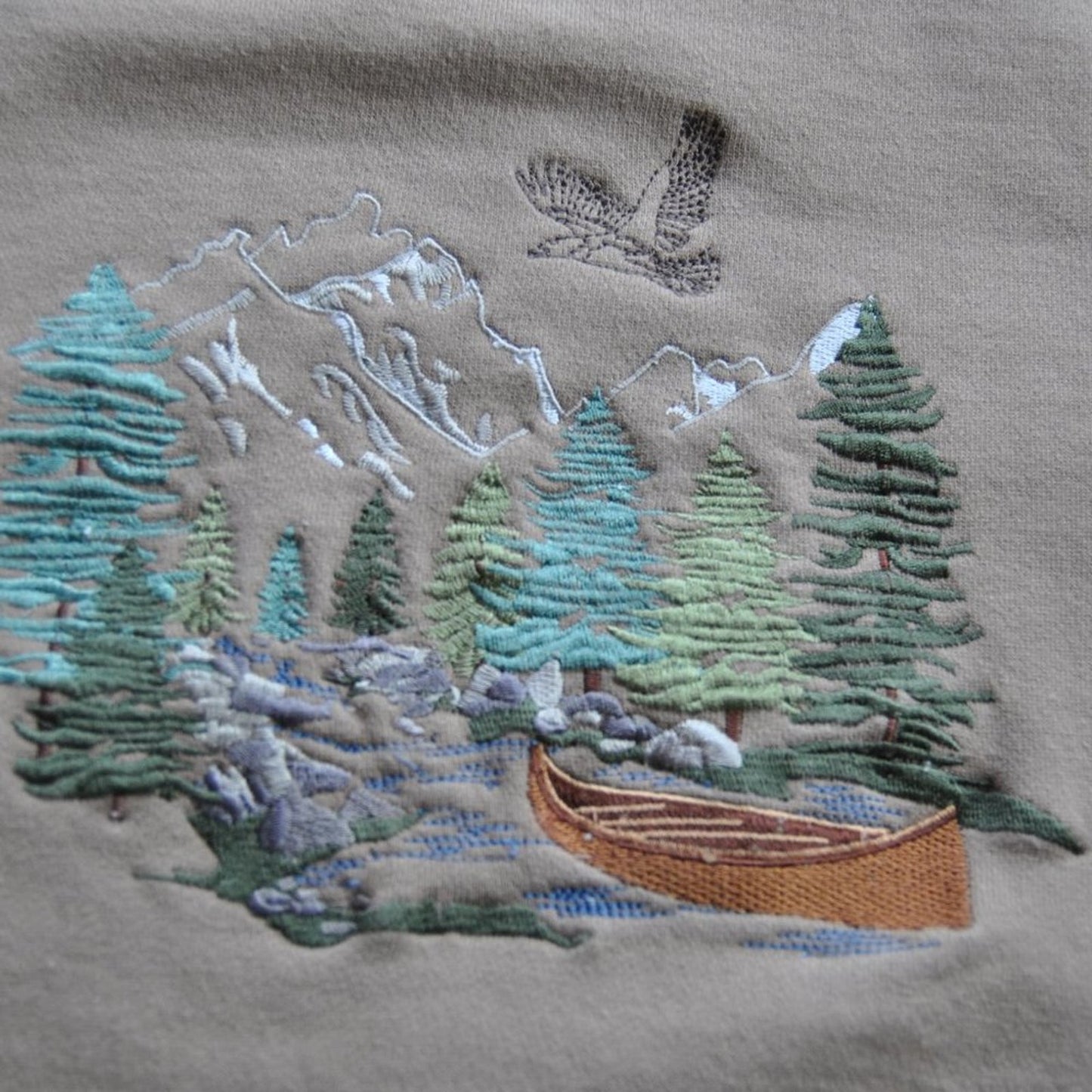 Tan Embroidered Nature Scene Large Crewneck Sweater