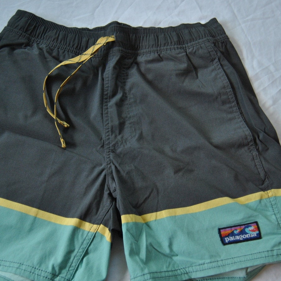 Patagonia Wavefarer Volley Gray Teal & Yellow 5" Shorts Small