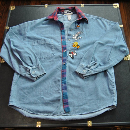 Looney Tunes Medium Jean Button Down Long Sleeve Shirt w/ Flannel Collar