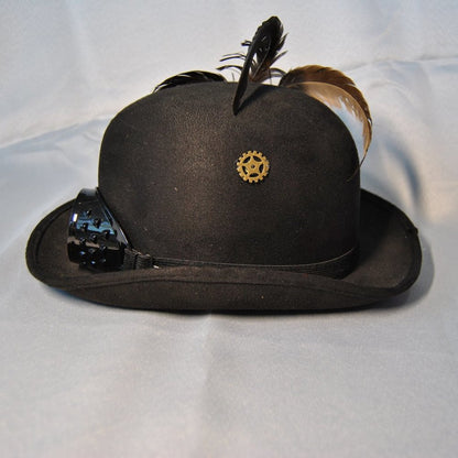Black Steampunk Bowler Hat w/ Attached Googles & Feathers