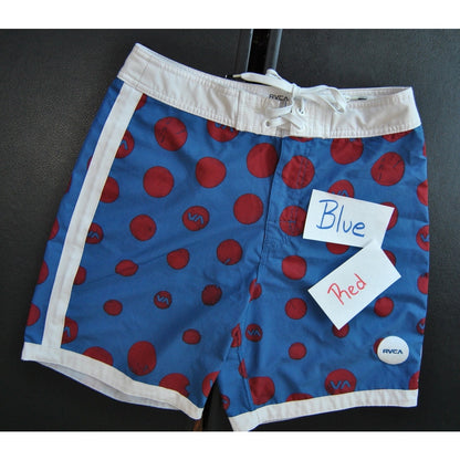 RVCA Shorts 29" Blue with Red Dots Board Shorts w/ Back Pocket